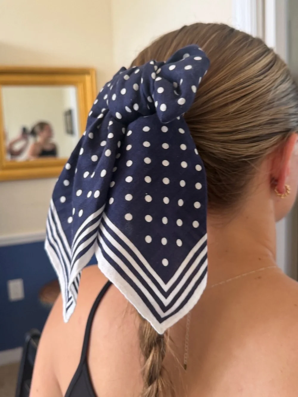 Celine Navy Polka Dot Square Scarf Hair Bow Bandana Neckerchief Bag Accessory
